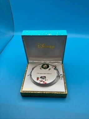 Disney Silver Minnie Mouse Charm Bangle Bracelet - Teal & Gold Box